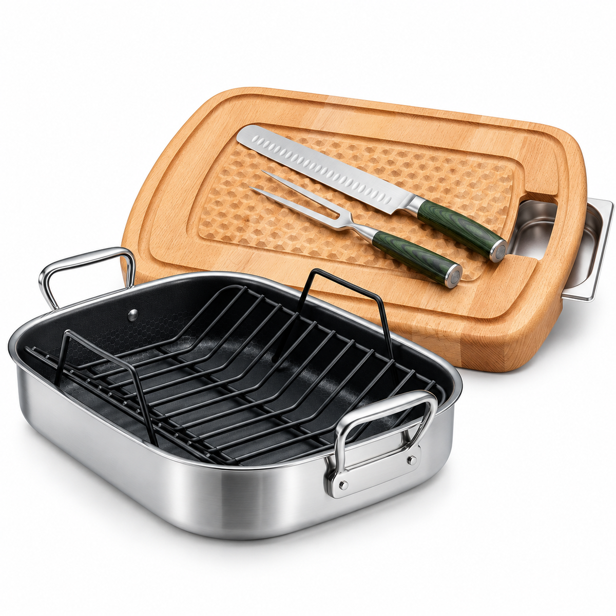 VEYUNA Carving & Roasting Set with Hybrid Roasting Pan, Board, Knife & Fork