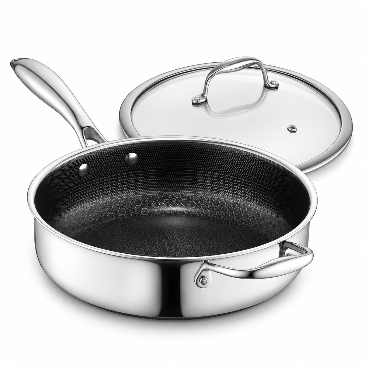 VEYUNA Hybrid Sauté Pan 3L with Lid, Nonstick Stainless Steel Deep Skillet