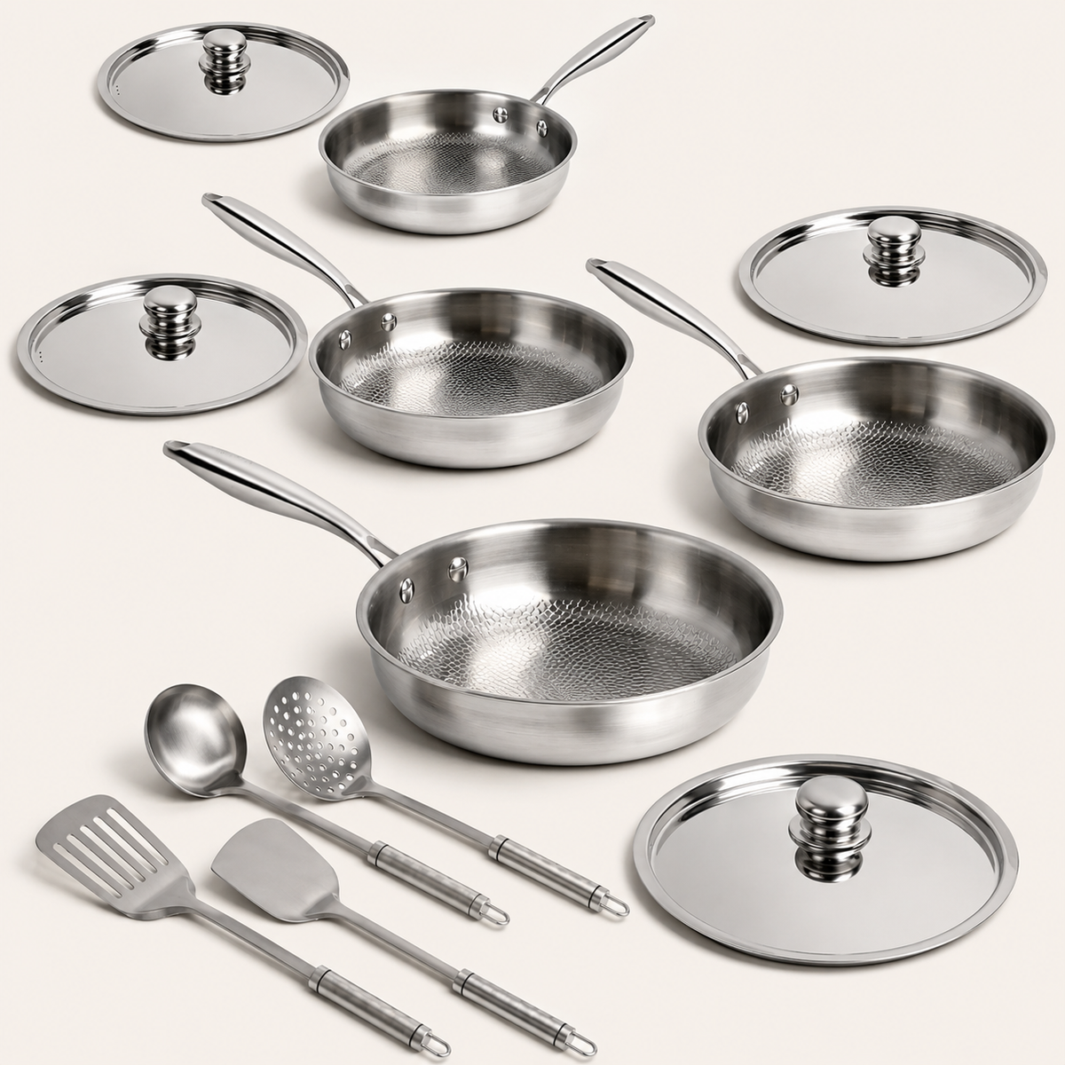 VEYUNA Hammered Cookware Set Pro - 4 Pans, 4 Lids & Utensils for Food Prep