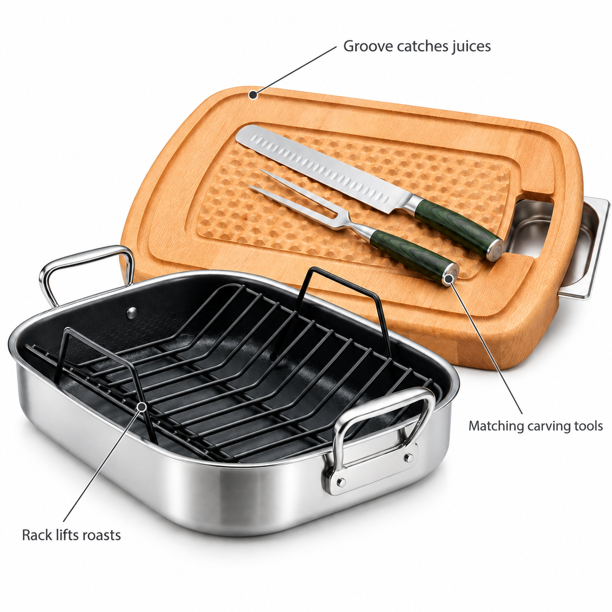 VEYUNA Carving & Roasting Set with Hybrid Roasting Pan, Board, Knife & Fork