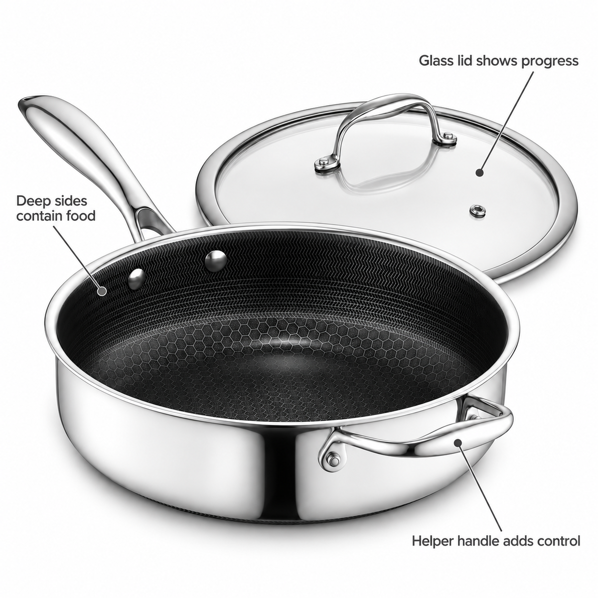 VEYUNA Hybrid Sauté Pan 3L with Lid, Nonstick Stainless Steel Deep Skillet