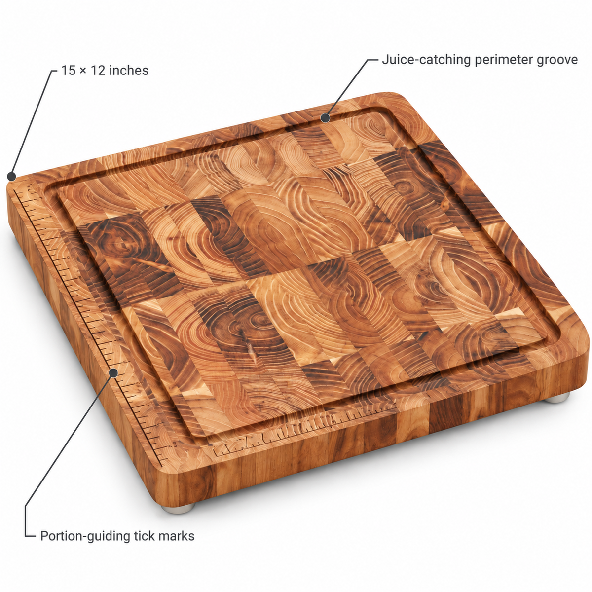 VEYUNA End-Grain Teak Cutting Board, Medium with Juice Groove & Measurement Grid