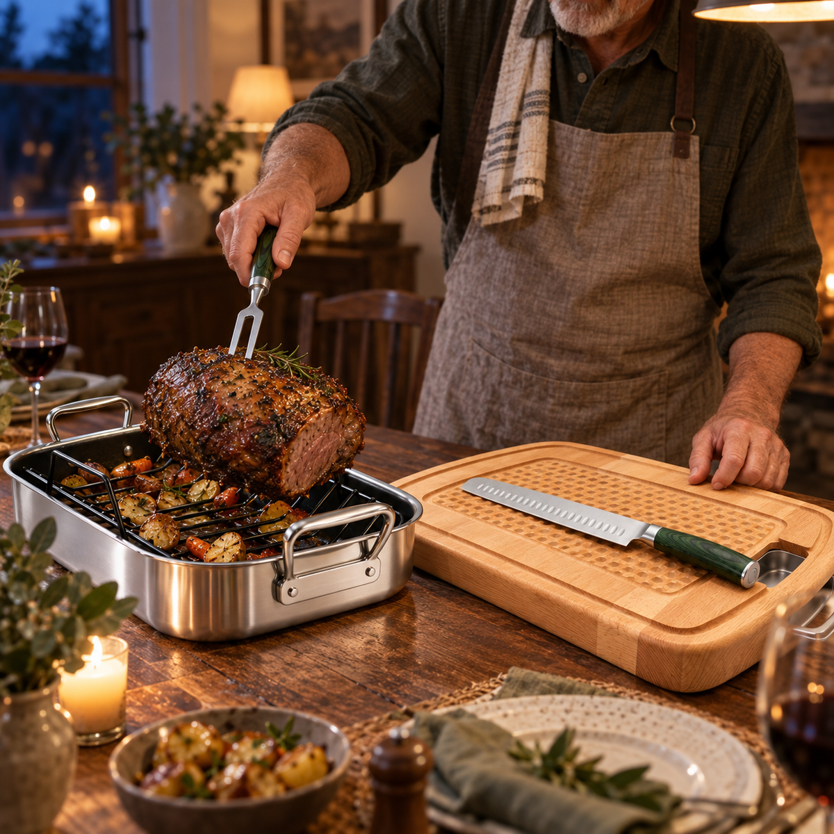 VEYUNA Carving & Roasting Set with Hybrid Roasting Pan, Board, Knife & Fork