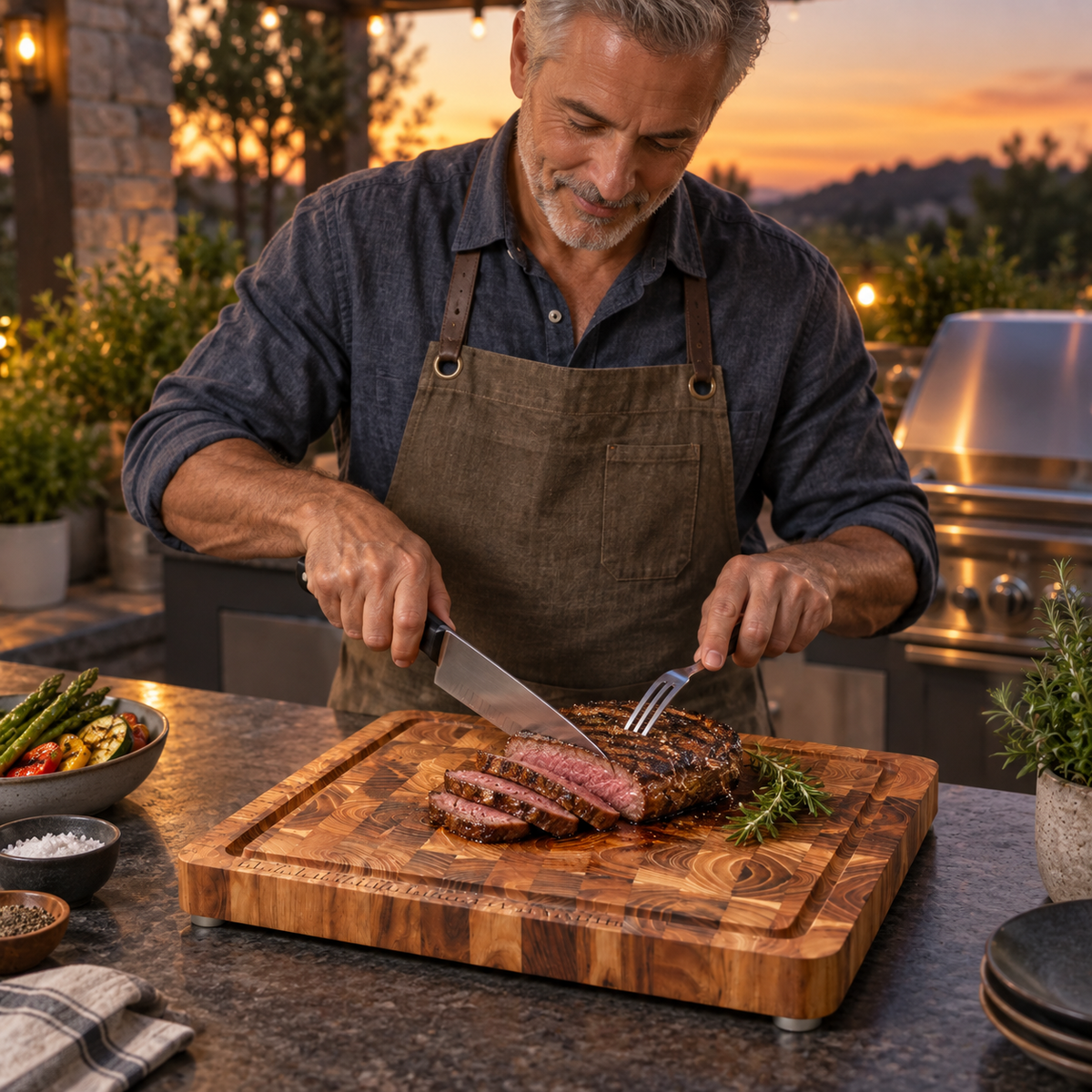 VEYUNA End-Grain Teak Cutting Board, Medium with Juice Groove & Measurement Grid