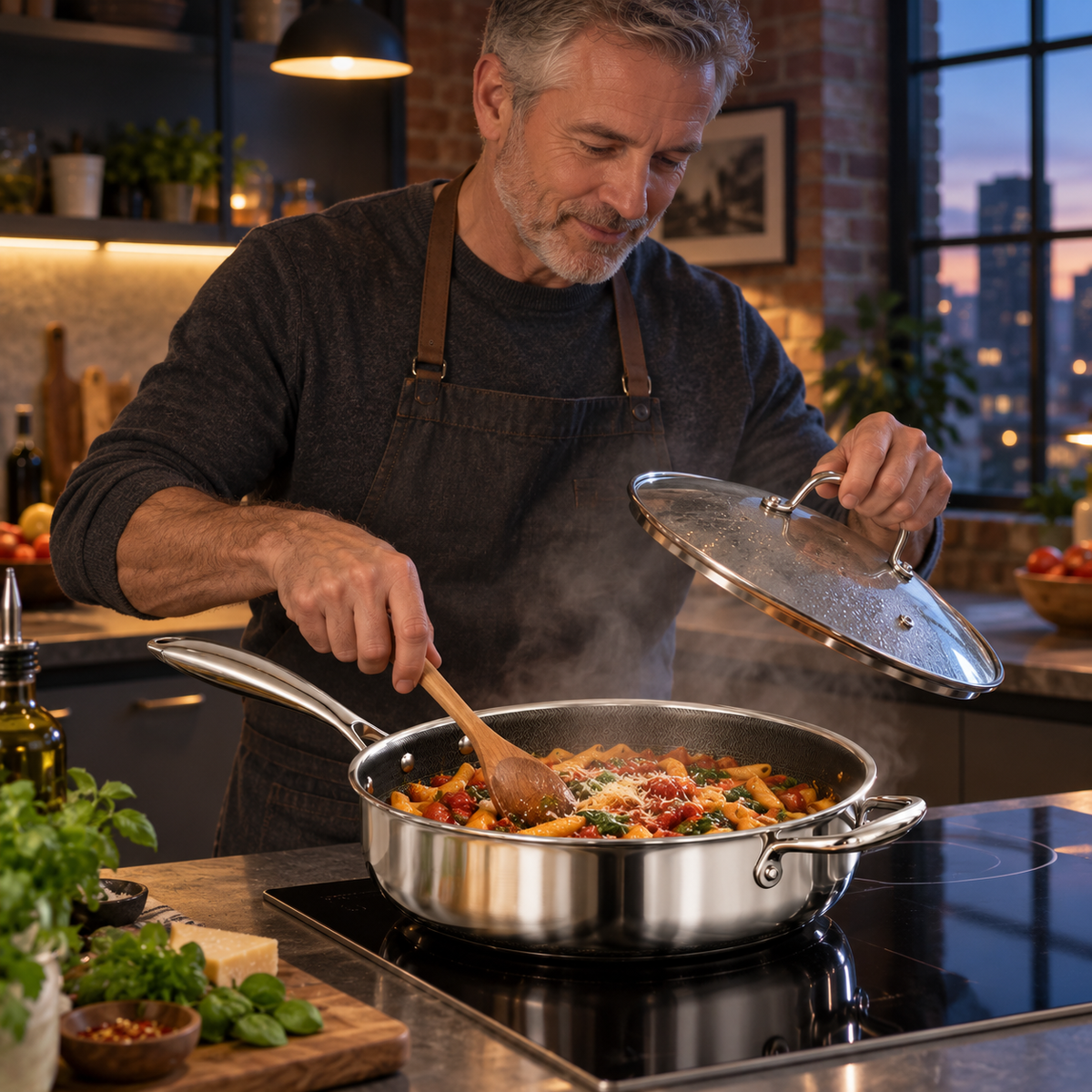 VEYUNA Hybrid Sauté Pan 3L with Lid, Nonstick Stainless Steel Deep Skillet