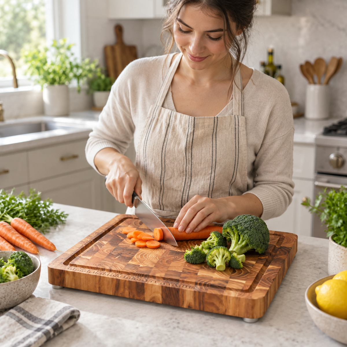 VEYUNA End-Grain Teak Cutting Board, Medium with Juice Groove & Measurement Grid