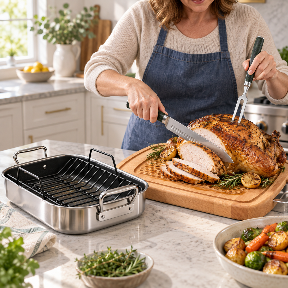 VEYUNA Carving & Roasting Set with Hybrid Roasting Pan, Board, Knife & Fork