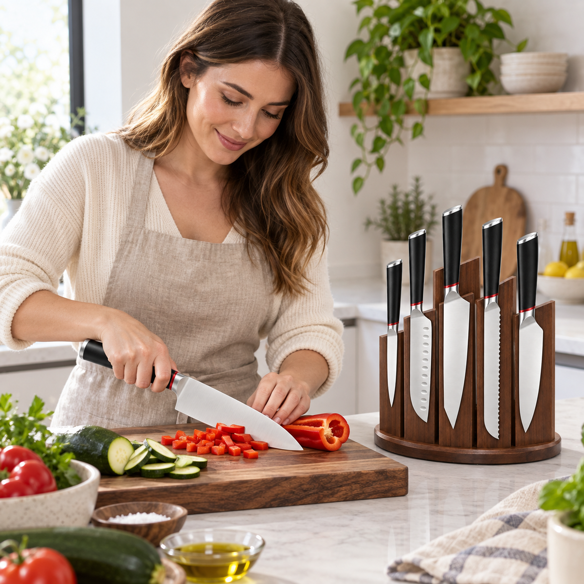 VEYUNA 6-Piece Knife Set, Magnetic Block, Chef Santoku Bread Utility Paring Knives