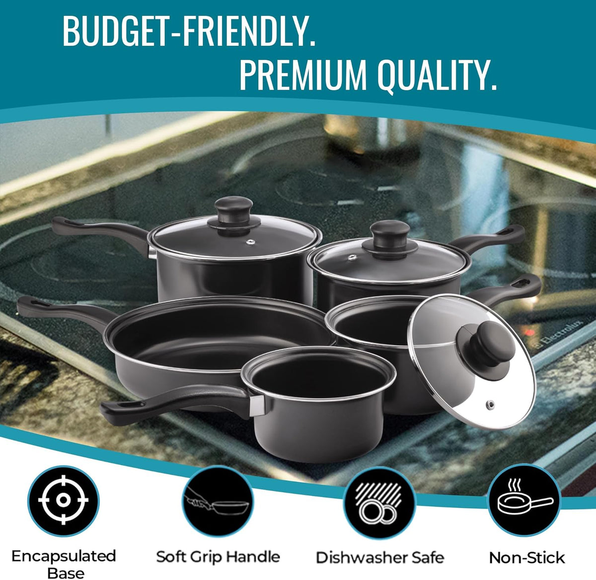 VEYUNA Cookware Set – Non-Stick Carbon Steel Food Prep Pans with Glass Lids