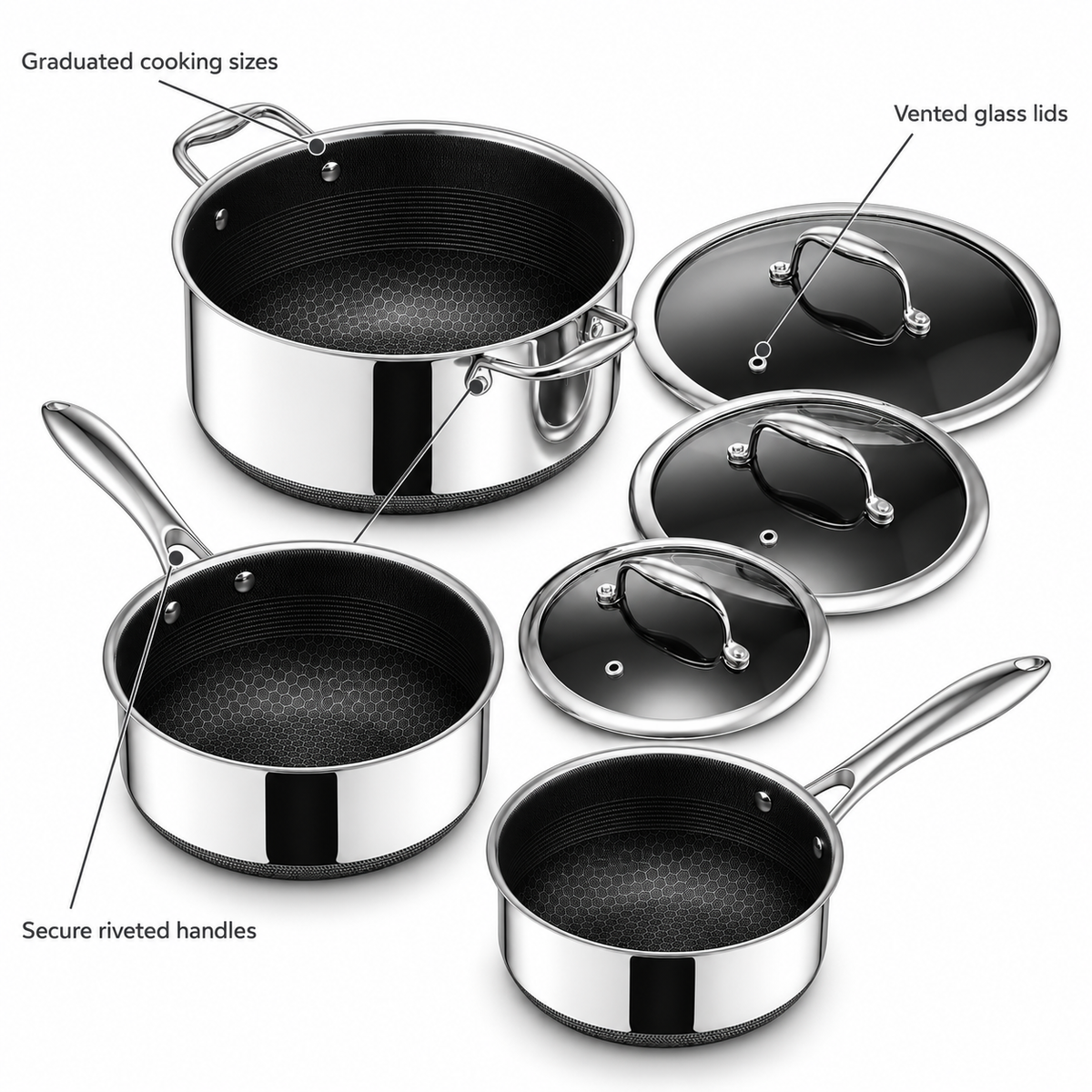 VEYUNA Hybrid Pot Set 6-Piece Nonstick Saucepan & Stockpot Set with Lids