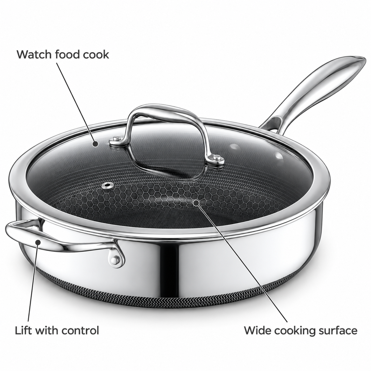 VEYUNA Hybrid Sauté Pan 4.3L with Lid, Nonstick Stainless Steel Deep Skillet