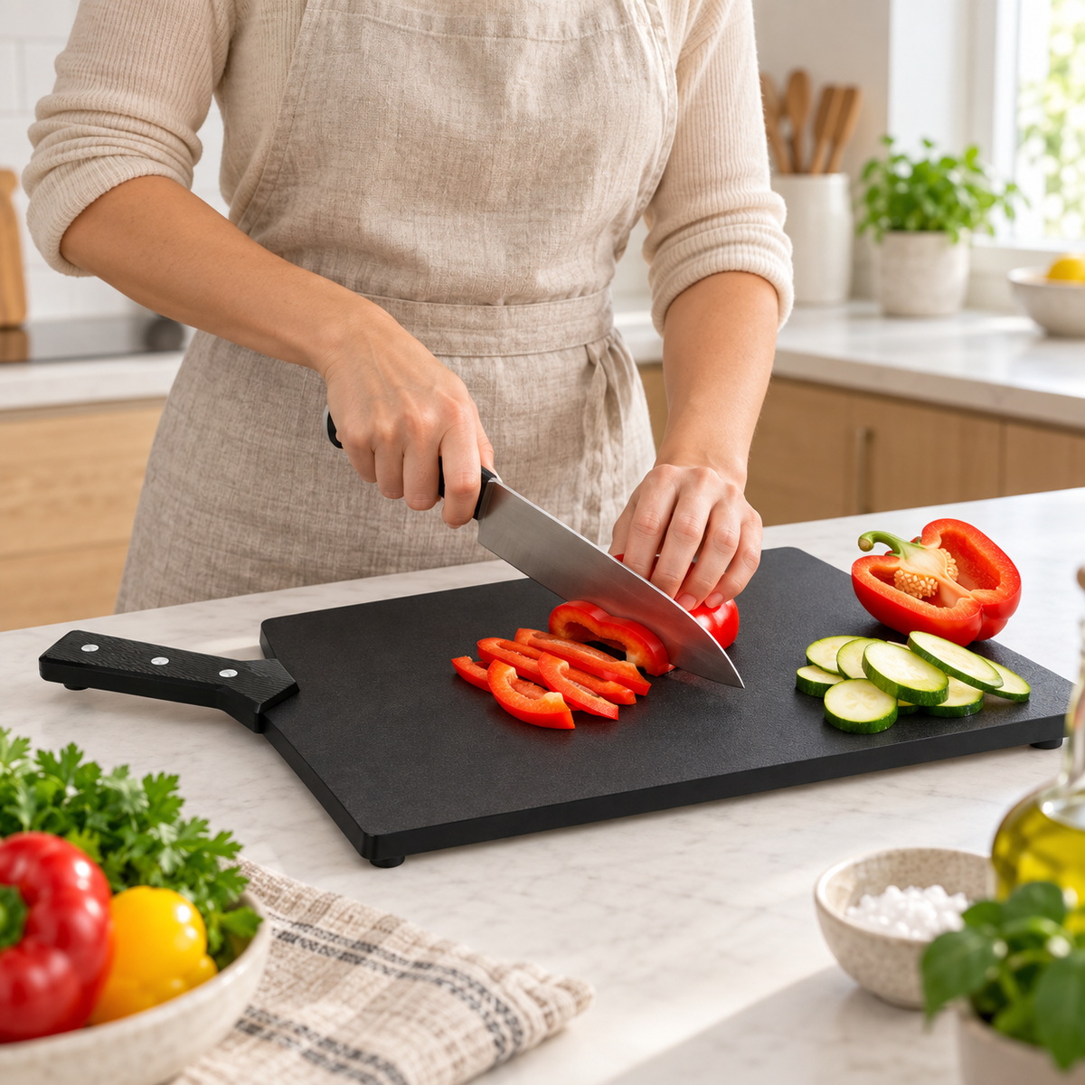 VEYUNA Wood Fibre Cutting Board, 16x10 Black Board with Handle & Non-Slip Feet