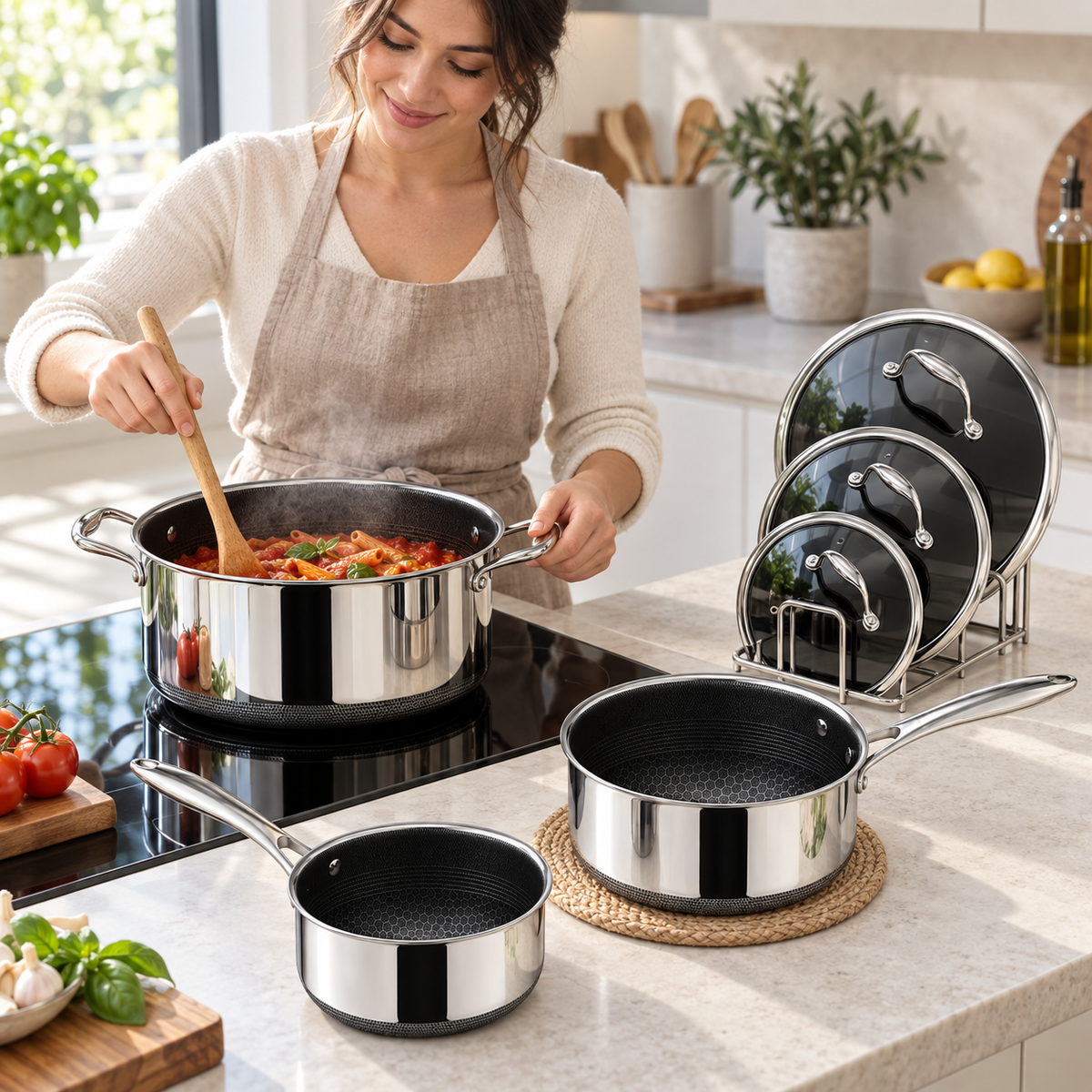VEYUNA Hybrid Pot Set 6-Piece Nonstick Saucepan & Stockpot Set with Lids