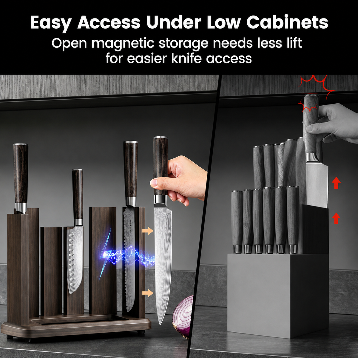 VEYUNA Knife Set 15-Piece – Damascus Pattern Magnetic Block for Fresh Food Prep