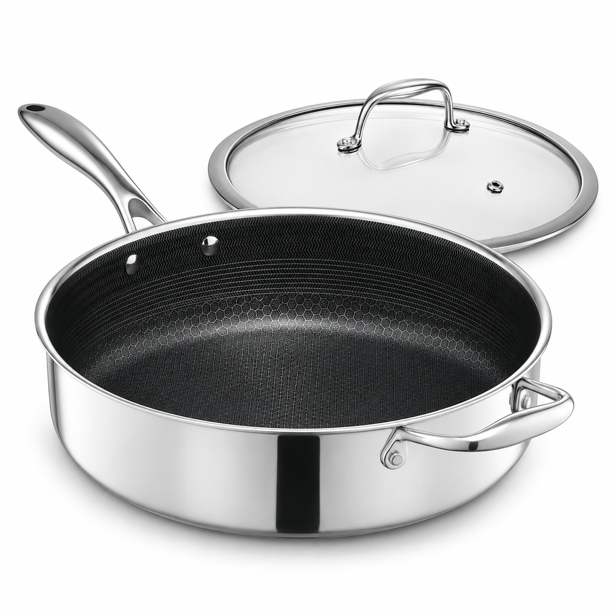VEYUNA Hybrid Sauté Pan 5L with Lid, Nonstick Stainless Steel Deep Skillet