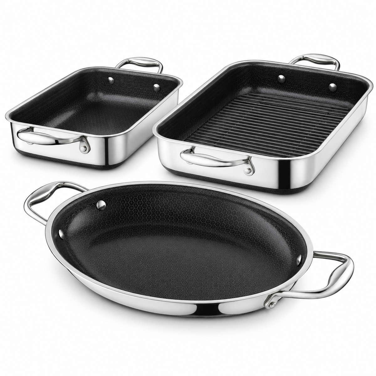 VEYUNA Hybrid Roasting Pan Set, 4-Piece Nonstick Ovenware with Stainless Steel Handles