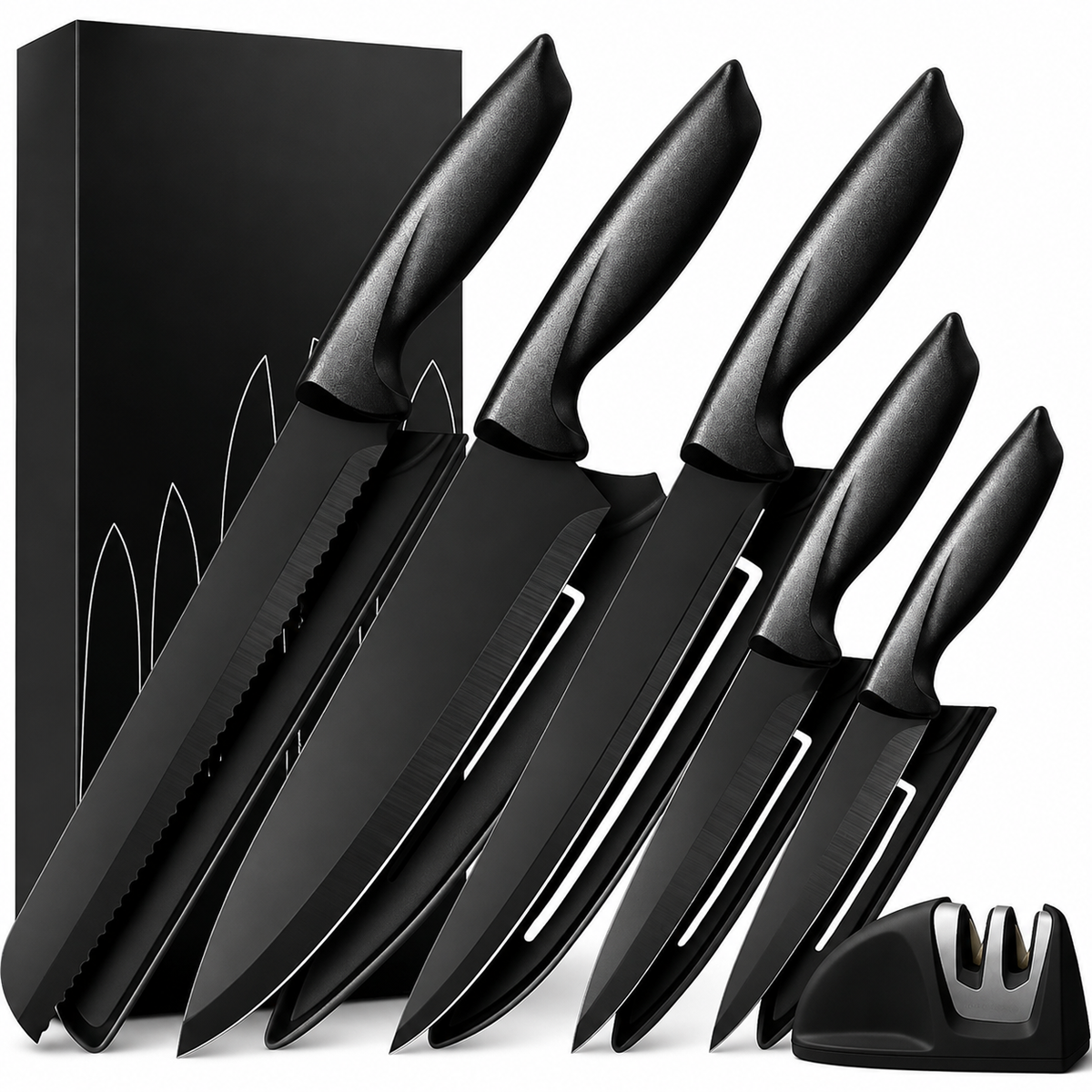 VEYUNA 11-Piece Black Knife Set with Sharpener - Stainless Steel Food Prep