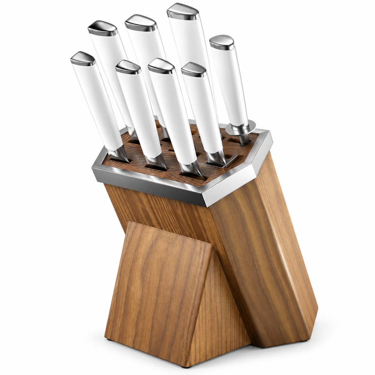 VEYUNA 8-Piece Knife Block Set, White Handles, Honing Rod, Wood Storage Block