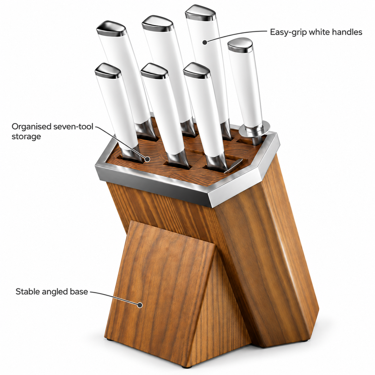 VEYUNA 8-Piece Knife Block Set, White Handles, Honing Rod, Wood Storage Block