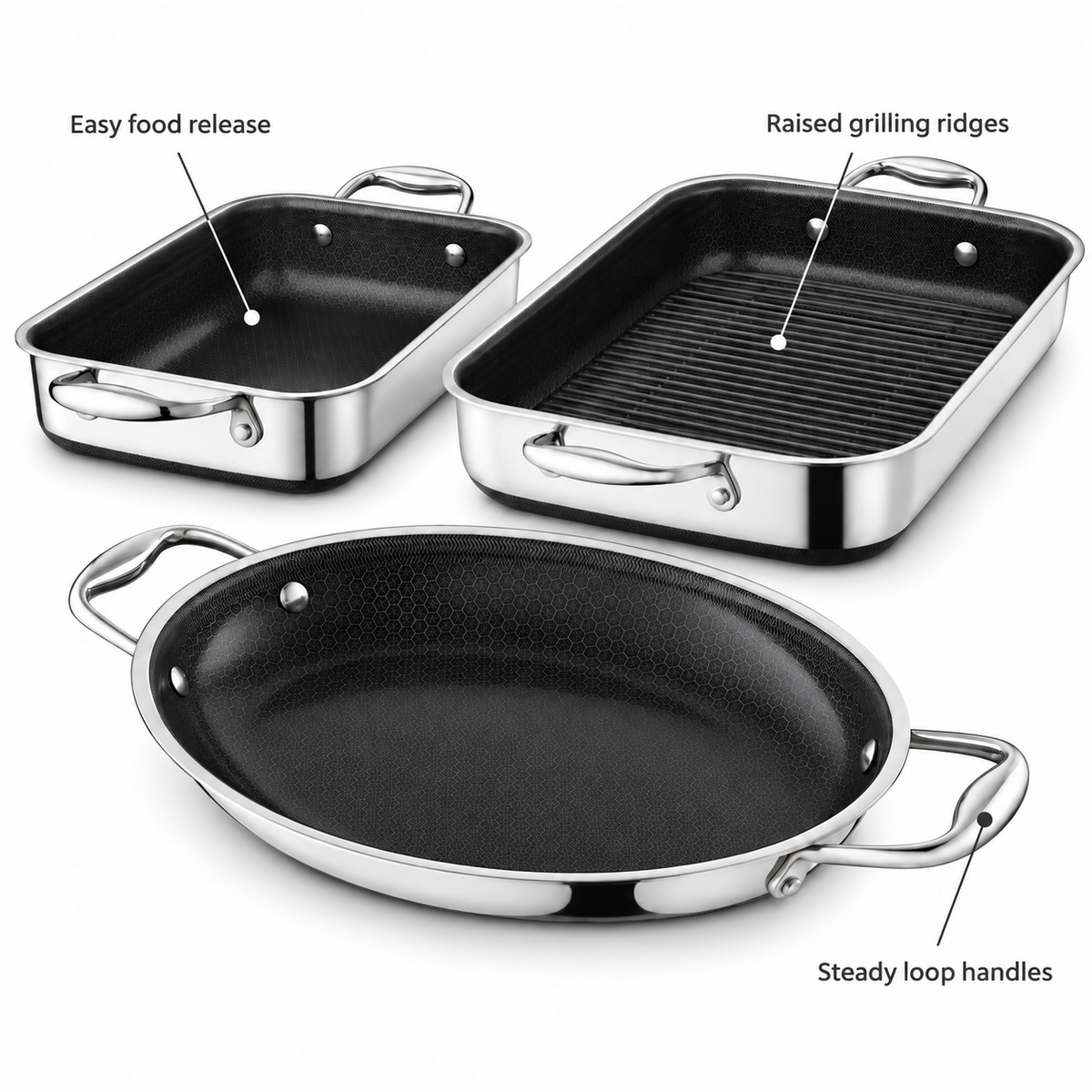VEYUNA Hybrid Roasting Pan Set, 4-Piece Nonstick Ovenware with Stainless Steel Handles