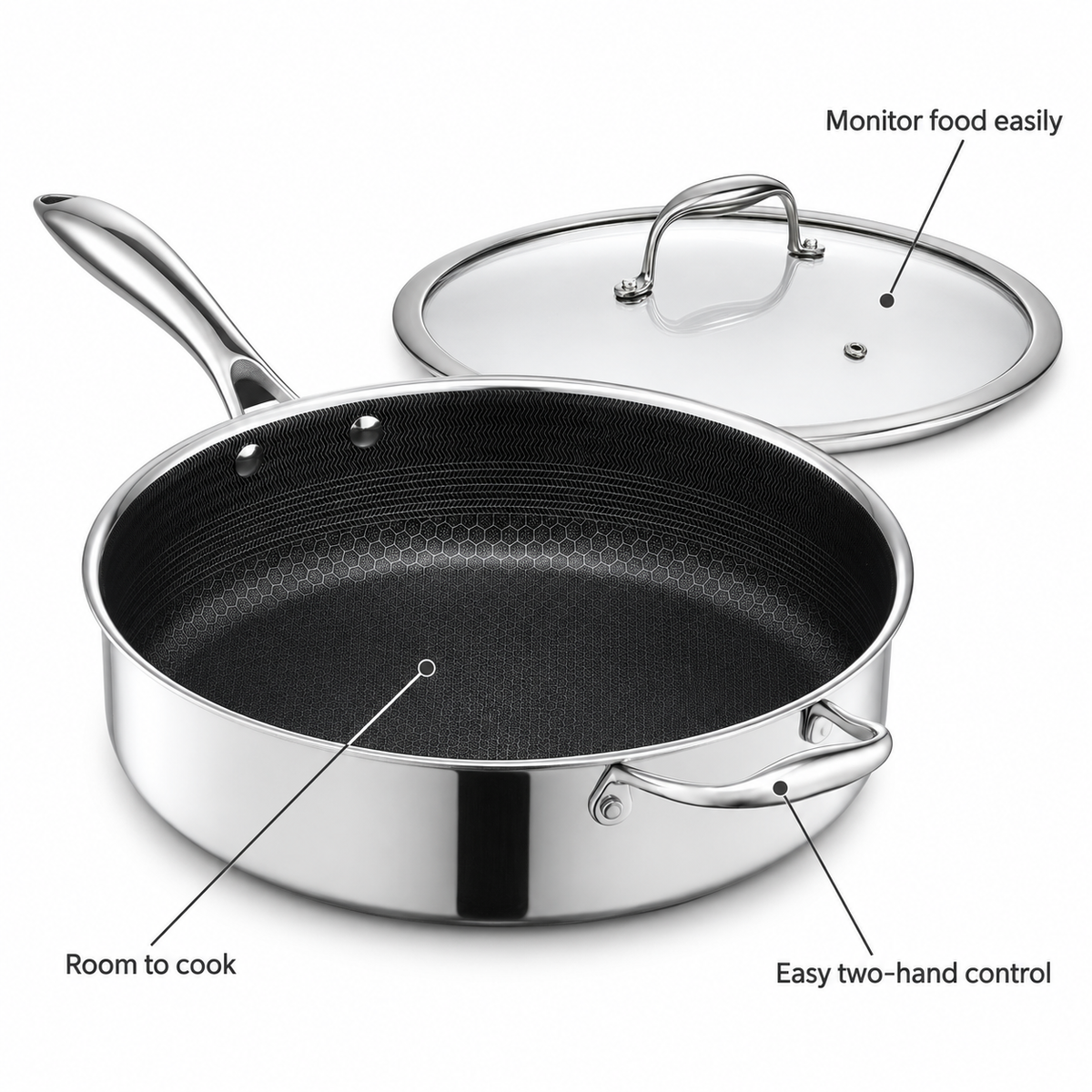 VEYUNA Hybrid Sauté Pan 5L with Lid, Nonstick Stainless Steel Deep Skillet