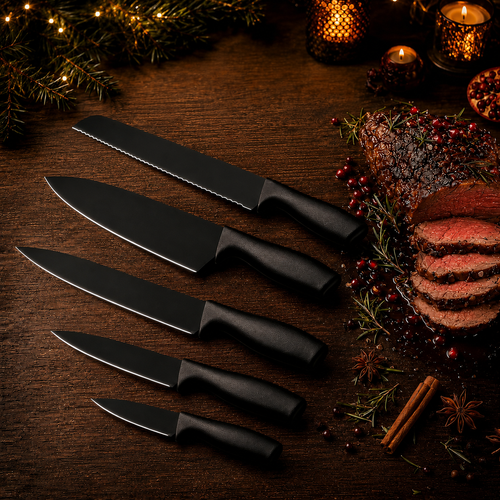 VEYUNA 11-Piece Black Knife Set with Sharpener - Stainless Steel Food Prep