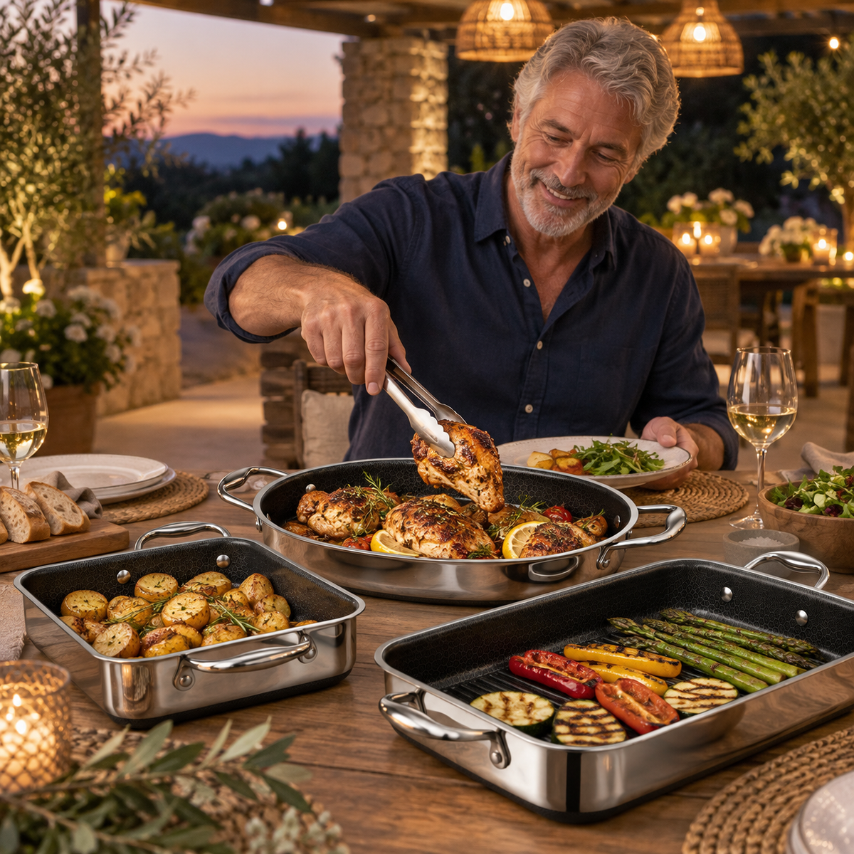 VEYUNA Hybrid Roasting Pan Set, 4-Piece Nonstick Ovenware with Stainless Steel Handles
