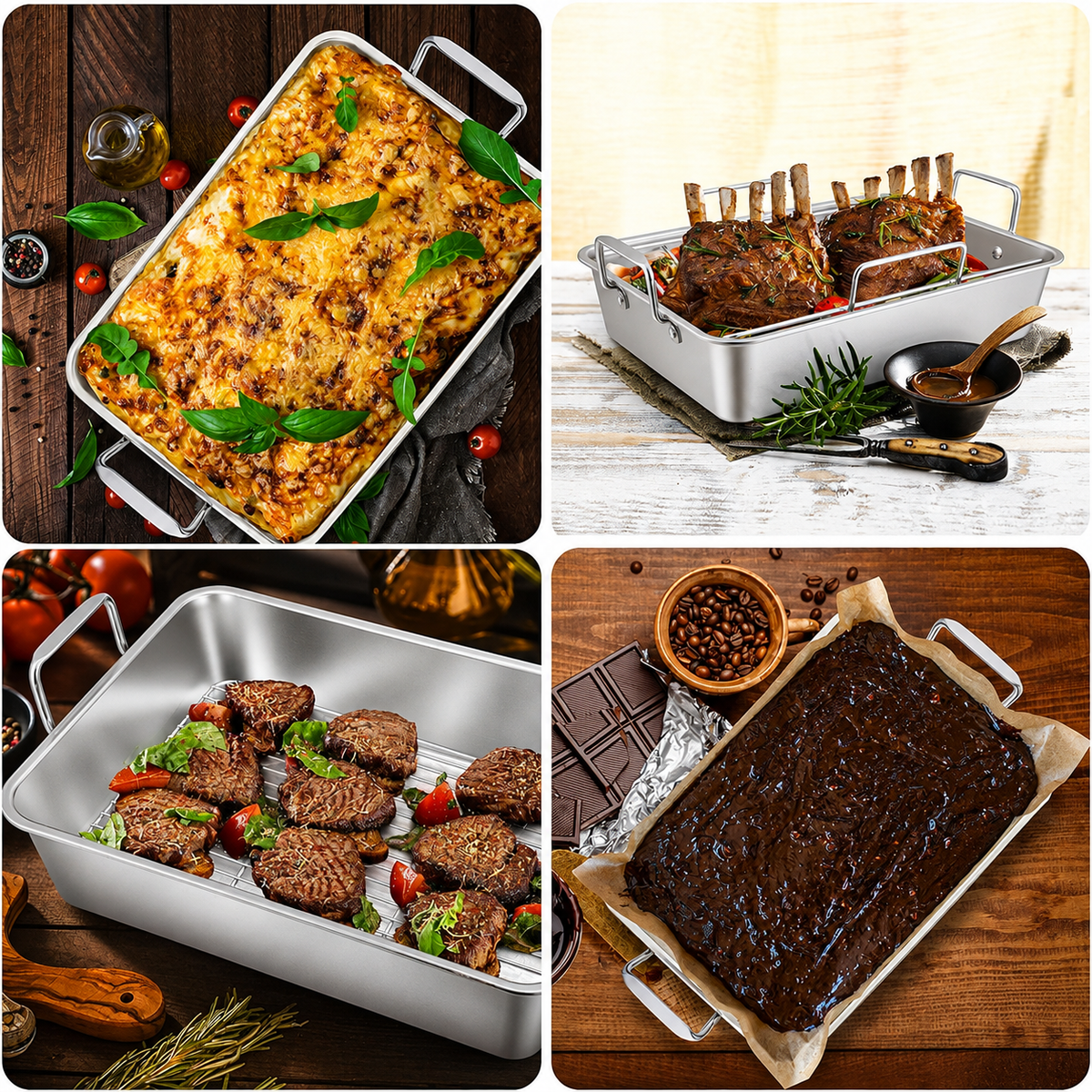 VEYUNA Roasting Pan Set, 7-Piece Stainless Steel Meal Prep Roaster & Rack