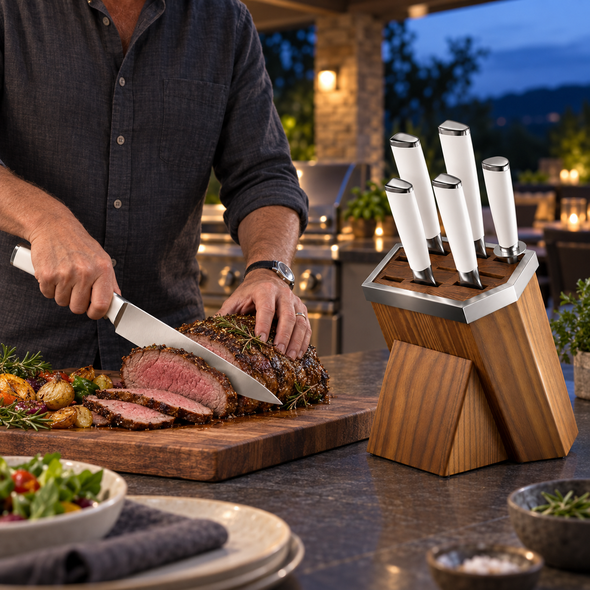VEYUNA 8-Piece Knife Block Set, White Handles, Honing Rod, Wood Storage Block