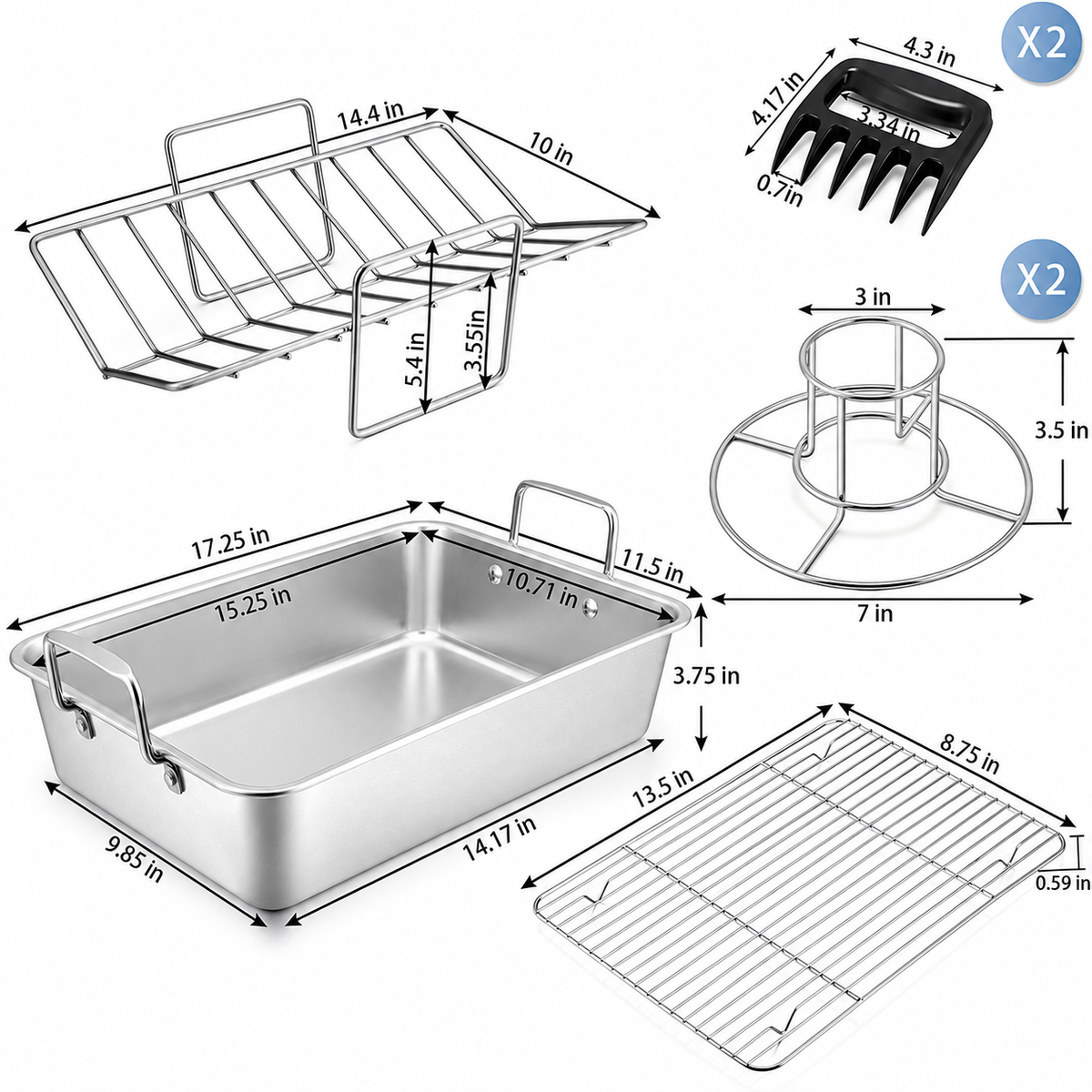 VEYUNA Roasting Pan Set, 7-Piece Stainless Steel Meal Prep Roaster & Rack