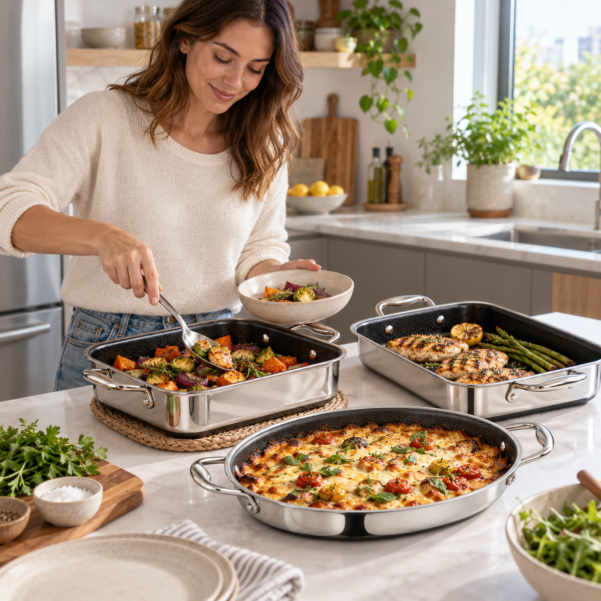 VEYUNA Hybrid Roasting Pan Set, 4-Piece Nonstick Ovenware with Stainless Steel Handles