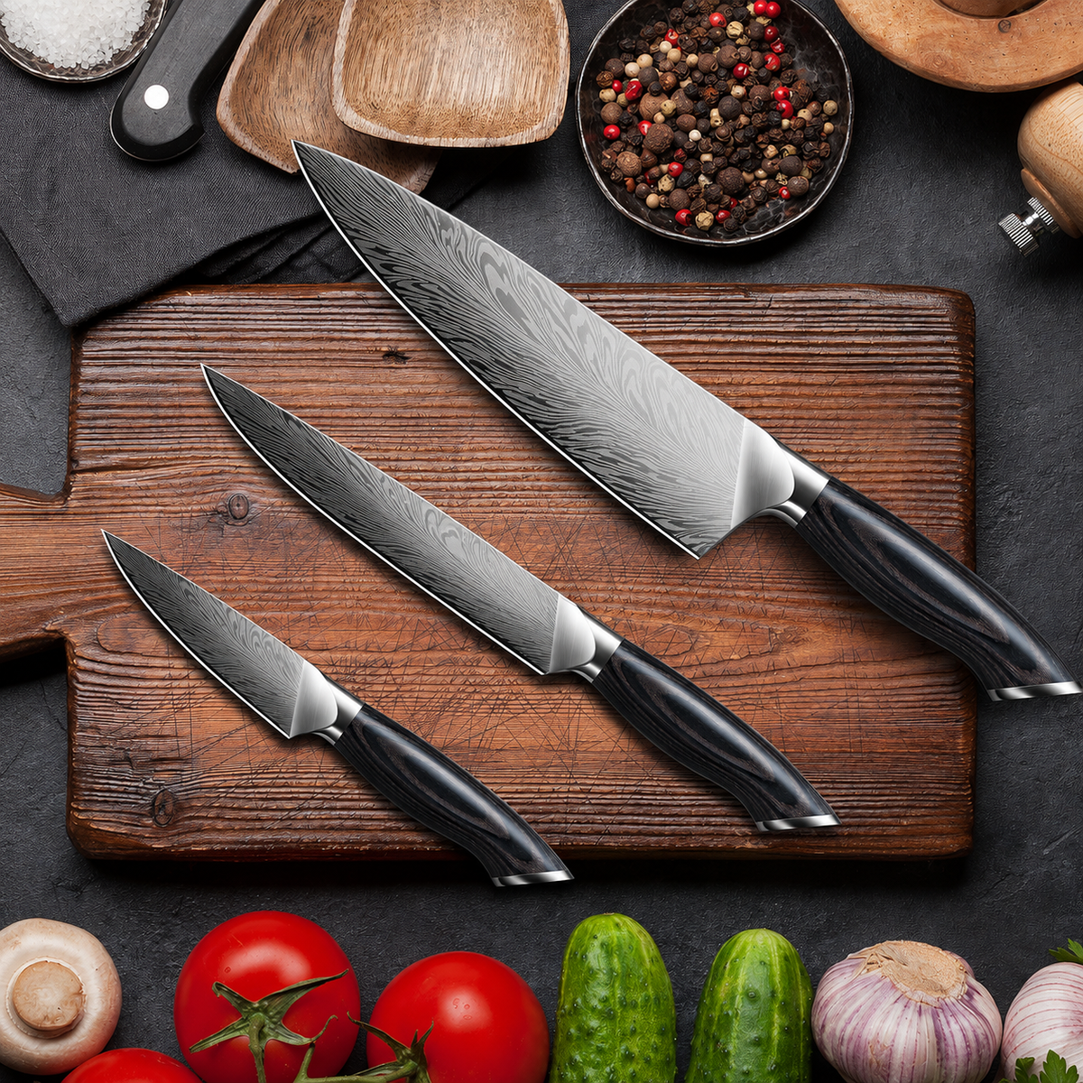 VEYUNA 3-Piece Japanese Knife Set - High-Carbon Steel Food Prep Knives