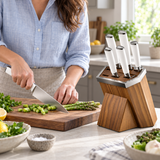 VEYUNA 8-Piece Knife Block Set, White Handles, Honing Rod, Wood Storage Block