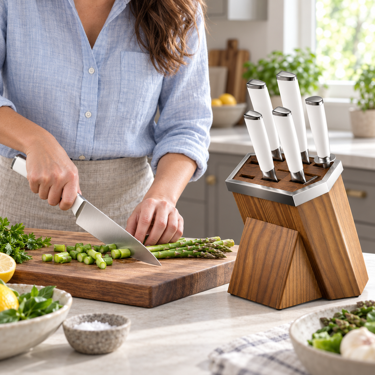 VEYUNA 8-Piece Knife Block Set, White Handles, Honing Rod, Wood Storage Block