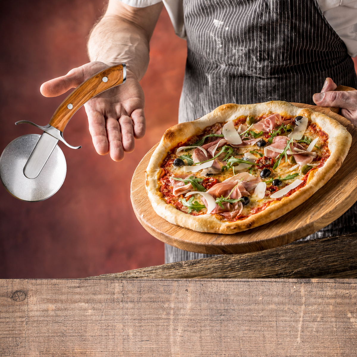 VEYUNA Pizza Slicer - Olive Wood Handle, Stainless Steel Wheel for Food Prep