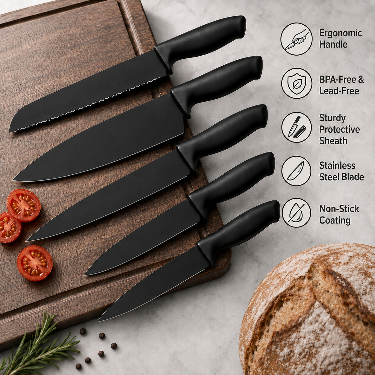 VEYUNA 11-Piece Black Knife Set with Sharpener - Stainless Steel Food Prep