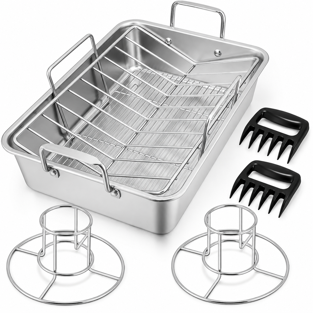 VEYUNA Roasting Pan Set, 7-Piece Stainless Steel Meal Prep Roaster & Rack