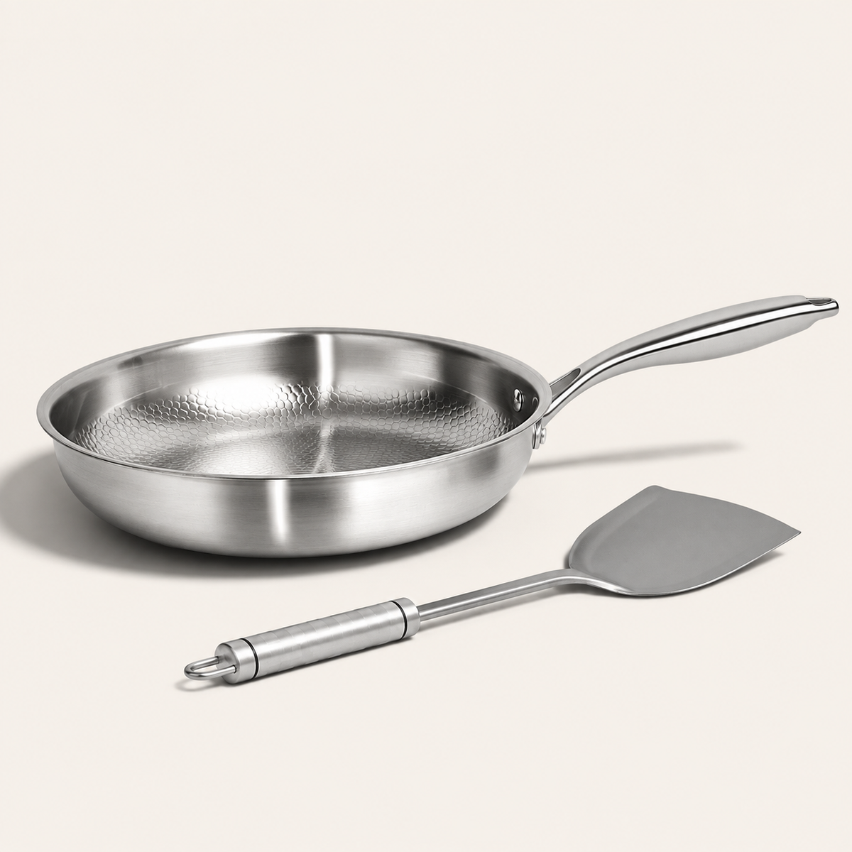 VEYUNA Titanium Hammered Pan Duo - Frying Pan & Spatula for Food Prep