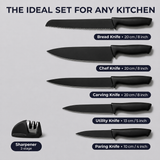 VEYUNA 11-Piece Black Knife Set with Sharpener - Stainless Steel Food Prep