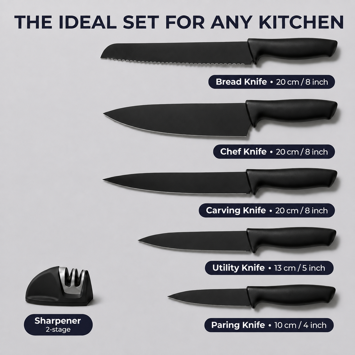 VEYUNA 11-Piece Black Knife Set with Sharpener - Stainless Steel Food Prep