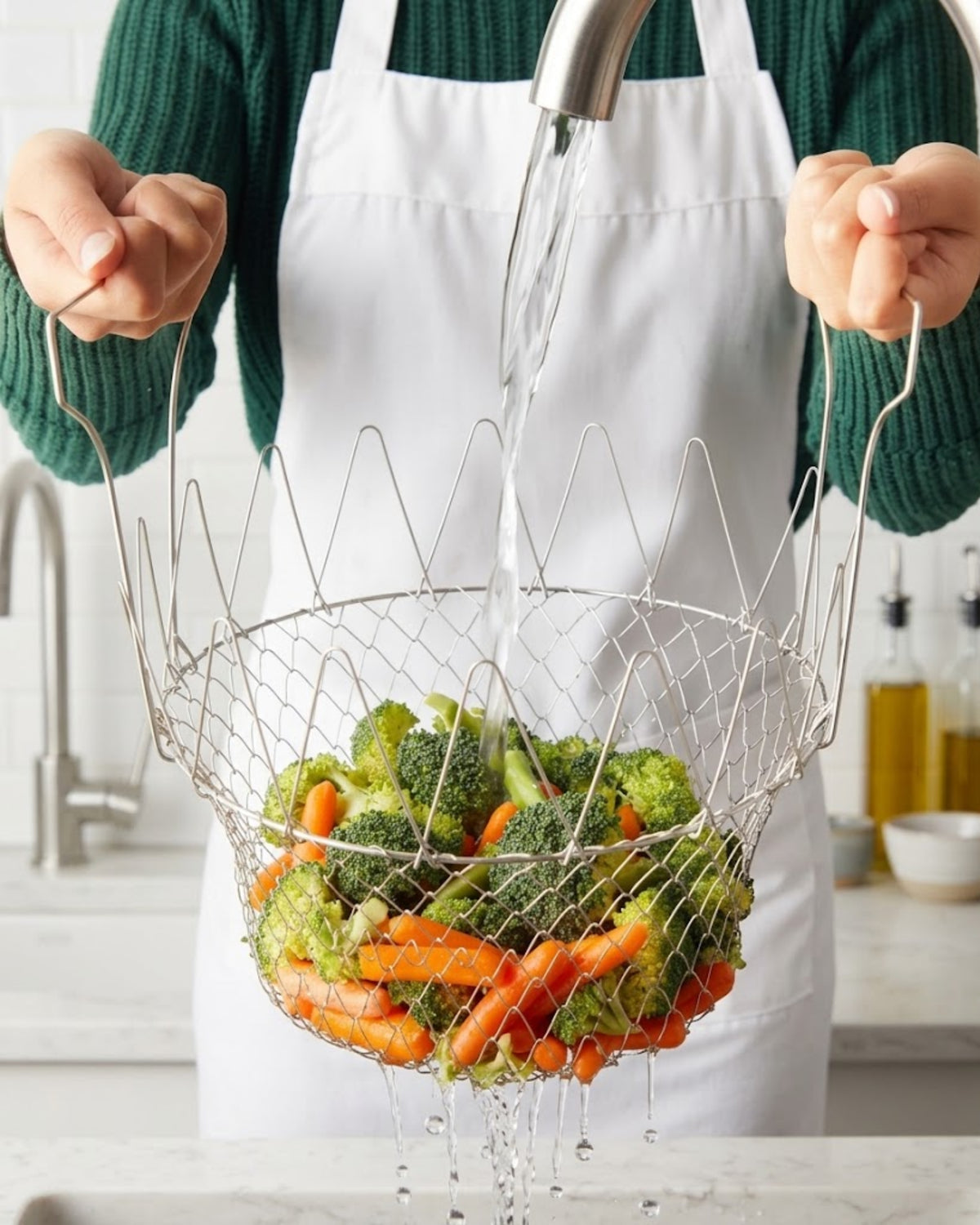 VEYUNA Multipurpose Chef Basket, Stainless Steel Food Strainer for Meal Prep