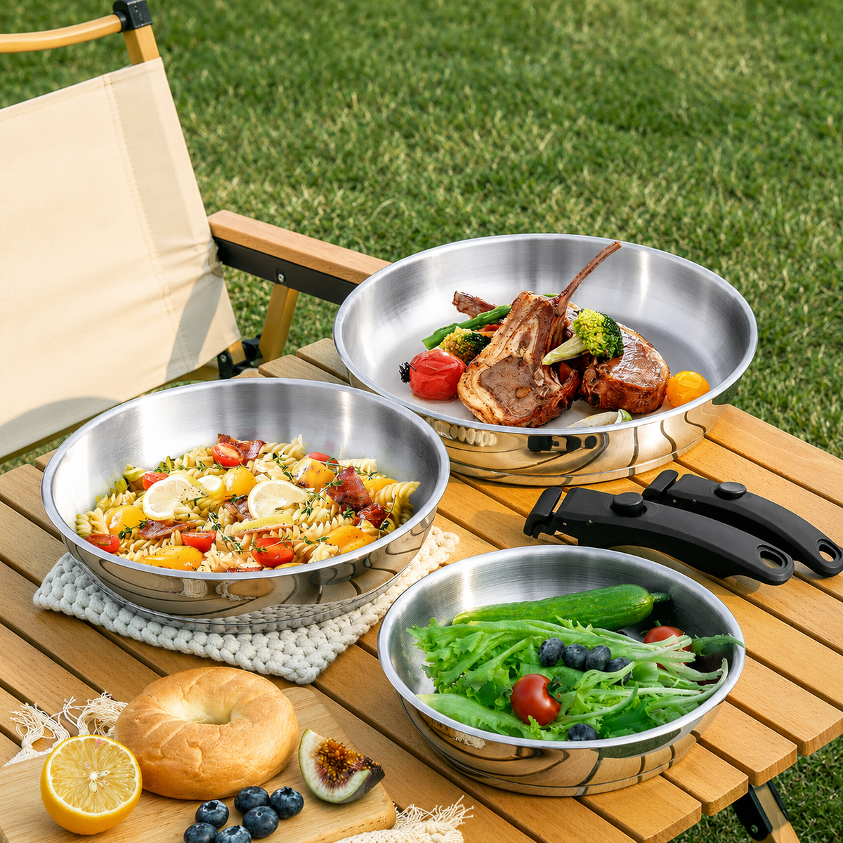 VEYUNA Frying Pan Set – 3-Piece Stainless Steel Removable Handle for Food Prep