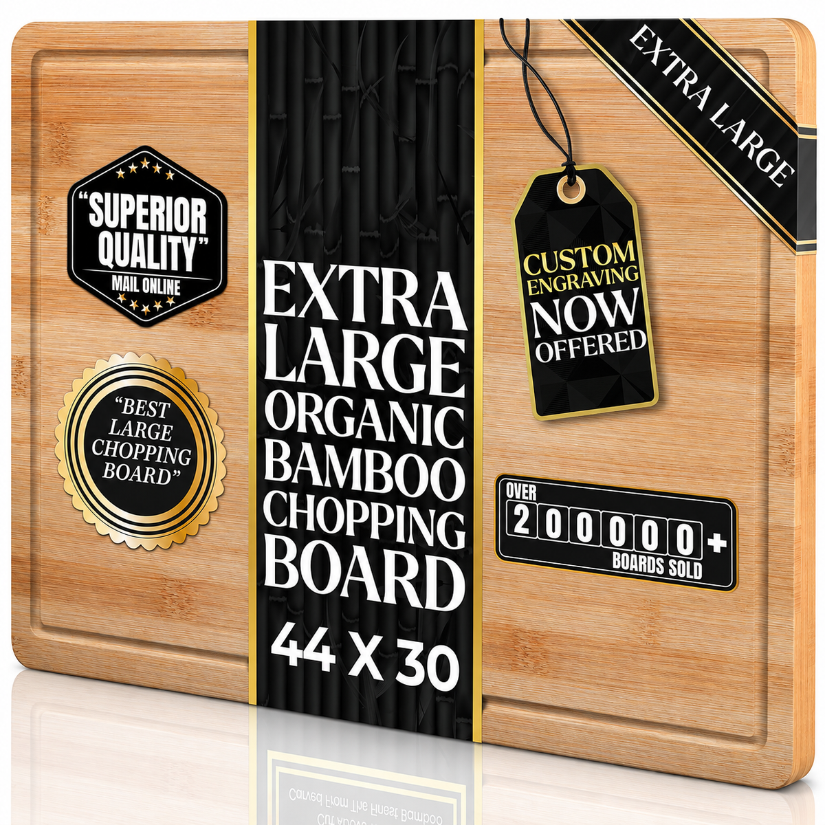 VEYUNA Extra Large Bamboo Food Cutting Board, 44x30cm, Pre-Oiled, 2cm Thick