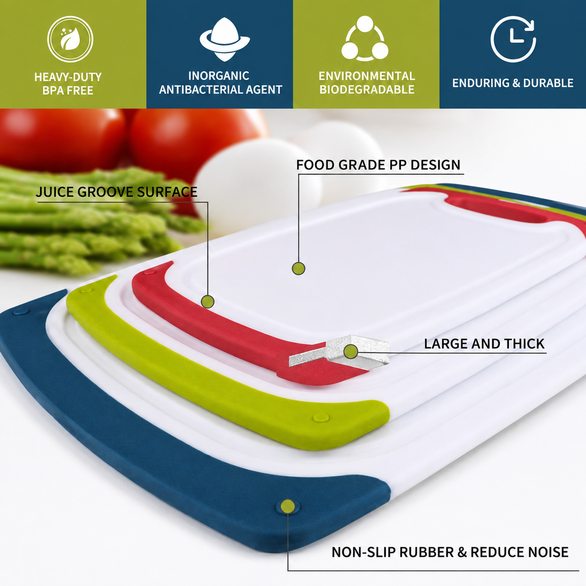 VEYUNA Cutting Board Set, 4-Piece BPA-Free Non-Slip Boards for Food Prep