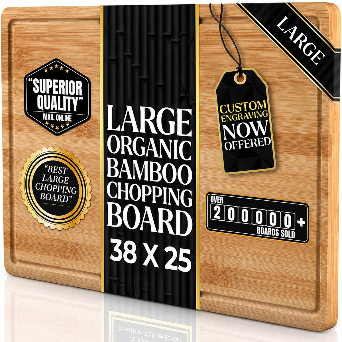 VEYUNA Large Bamboo Cutting Board, 38x25cm Grooved Food Prep & Meat Chopping Board