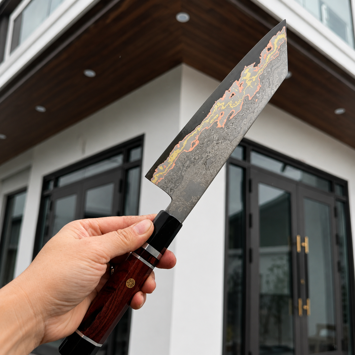 VEYUNA Bunka Knife – 7-Inch Copper San Mai Damascus Food Prep Knife