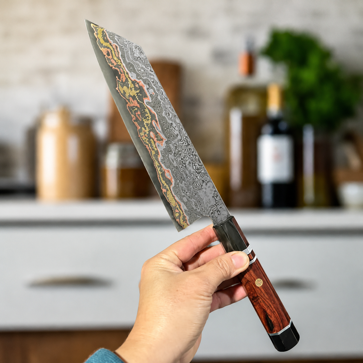 VEYUNA Bunka Knife – 7-Inch Copper San Mai Damascus Food Prep Knife