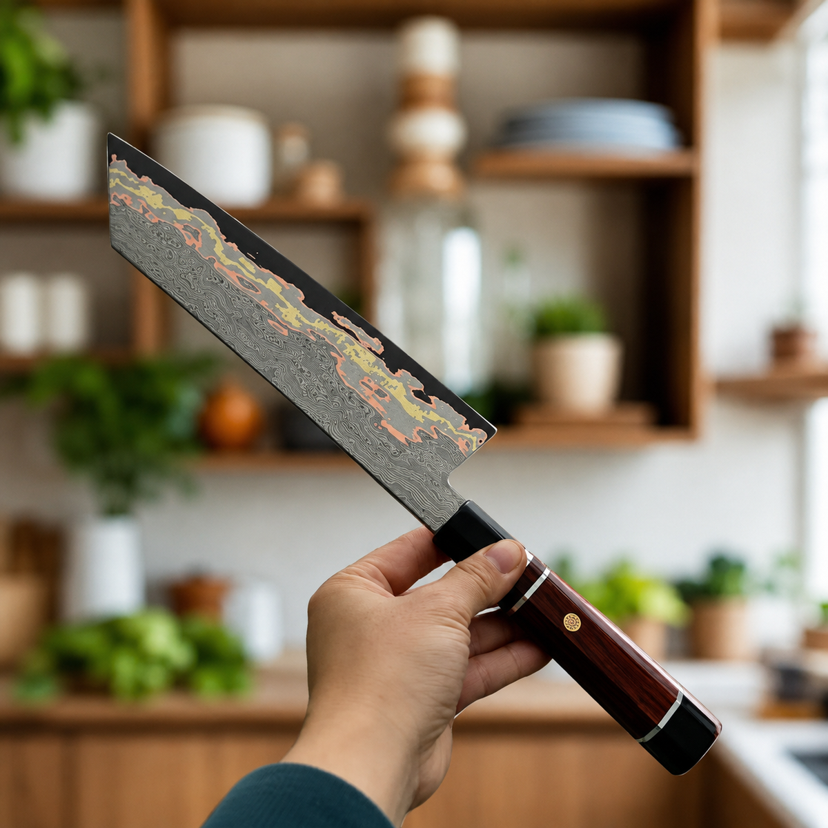 VEYUNA Bunka Knife – 7-Inch Copper San Mai Damascus Food Prep Knife
