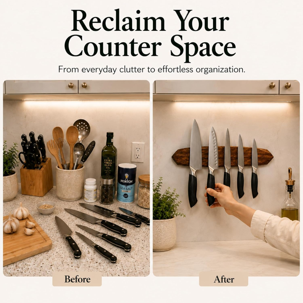 VEYUNA Magnetic Knife Holder – 16-Inch Acacia Wood Wall Bar for Food Prep