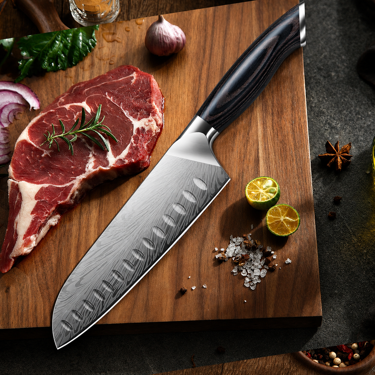 VEYUNA Santoku Knife 18cm – Powder Steel 12° Blade for Fresh Food Prep